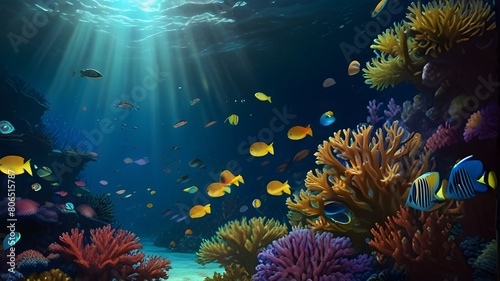 coral reef and fishes digital artwork depicting an underwater realm teeming with vibrant marine life and colorful coral reefs. Sunlight filters down through the depths, casting shimmering rays of ligh