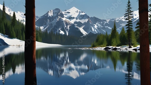 lake in the mountains  digital illustration capturing the serene beauty of a mountain lake nestled among towering peaks. Crystal-clear waters reflect the azure sky and rugged landscape, creating a mir