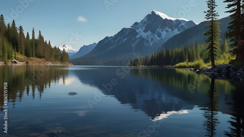  digital illustration capturing the serene beauty of a mountain lake nestled among towering peaks. Crystal-clear waters reflect the azure sky and rugged landscape, creating a mirror-like surface that 