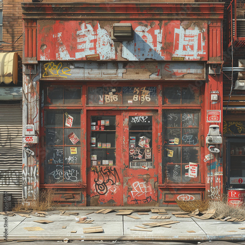 game texture sheet, front view, orthographic, new york store fronts, facades, boarded windows, broken windows, graffiti, realistic --ar 1:1 --stylize 750