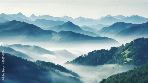 Beautiful Natural landscape background from forest  in mountains with fog  green trees  plants  nature   Pine trees   clouds 