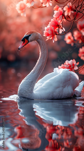 Fototapeta Naklejka Na Ścianę i Meble -  A swan swimming in a lake with pink flowers.