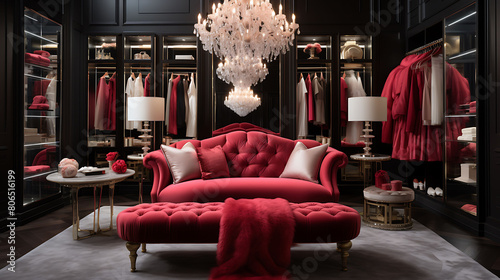 Glamorous dressing room with mirrored furniture, a chandelier, and a velvet settee, photo