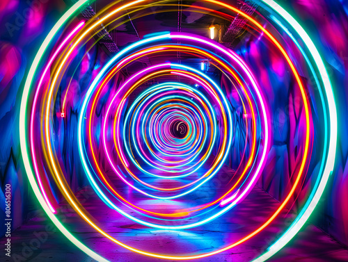 A tunnel with colorful light trails.