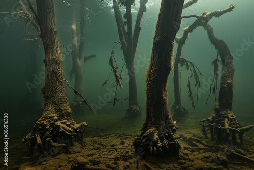 Explore the mysterious depths of a submerged woodland  where ancient tree trunks rise like ghostly sentinels from the murky depths  Generative AI