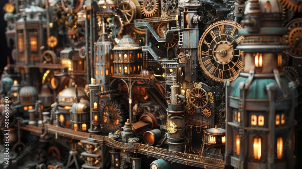 An intricate steampunk diorama of a city powered entirely by interconnected gears and clock mechanisms An intricate steampunk diorama of a city powered entirely by interconnected gears and clock mechanisms