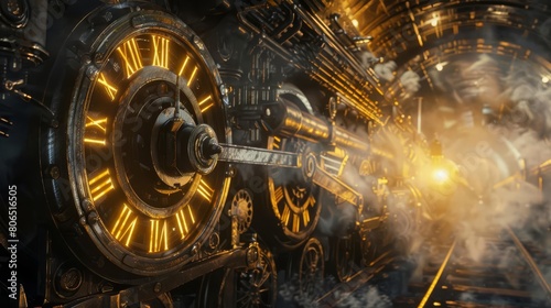 An imaginative view of a clock gear merging seamlessly into the machinery of a steam train