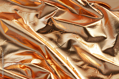 Golden silk cloth with crumpled texture, close-up of fabric pattern photo