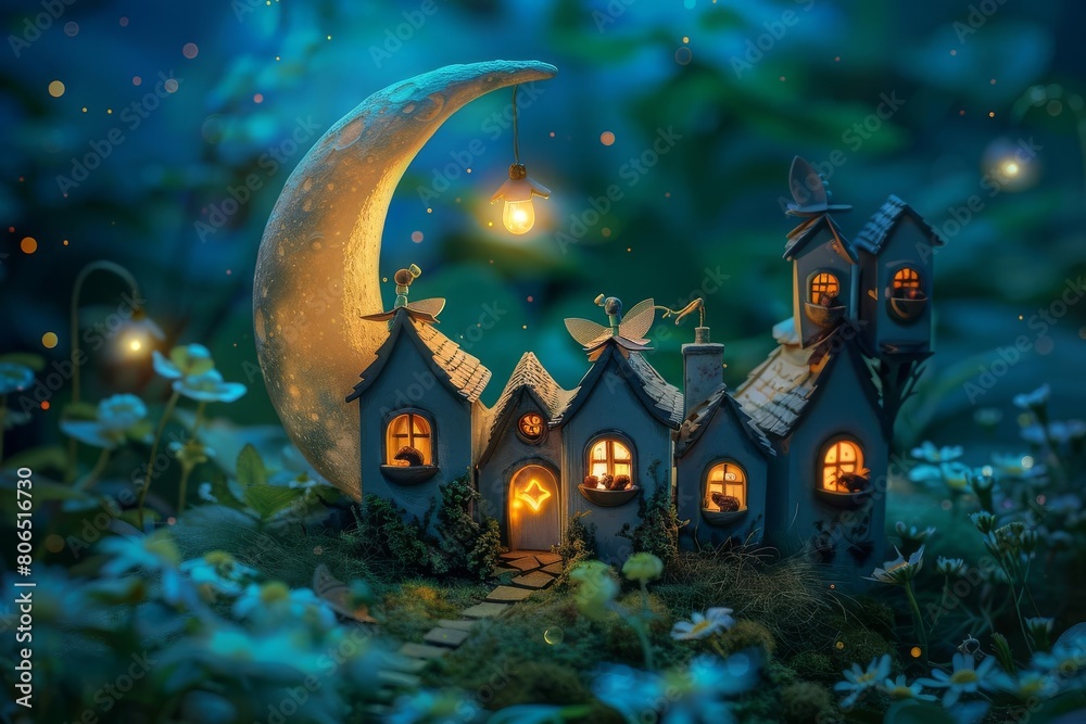 Fototapeta premium Fairies building tiny houses inside a crescent moon, creating a magical neighborhood in the stars