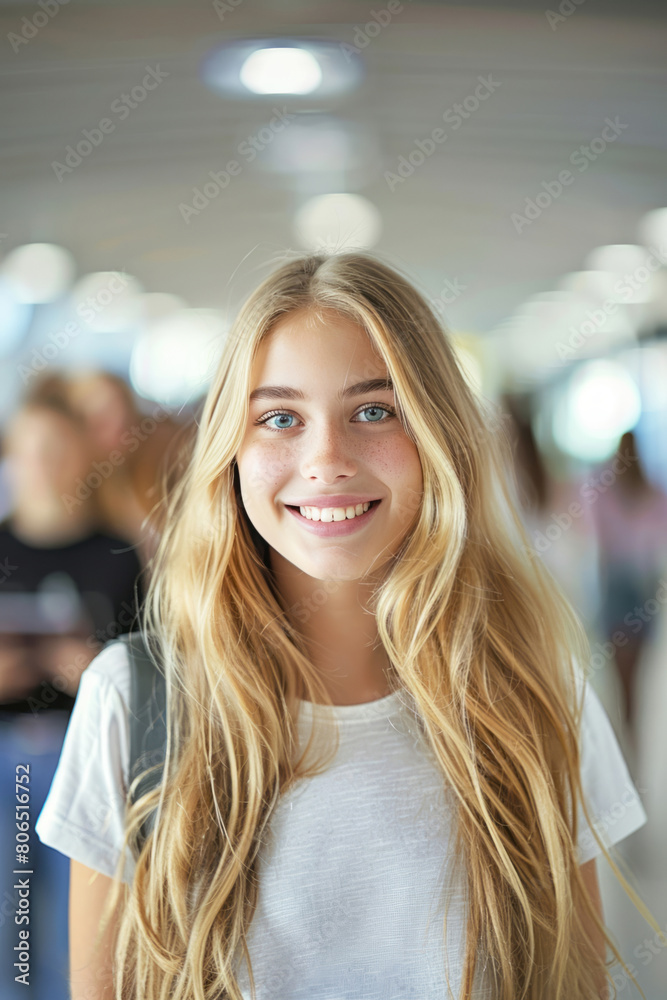 A beautiful blond teenage girl student in a high school corridor, smiling at the camera, against a backdrop of indistinct individuals walking.