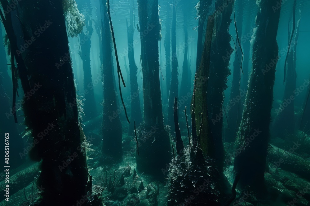 Fototapeta premium Journey through a submerged cathedral of trees, where towering trunks reach towards the surface, creating an awe-inspiring underwater, Generative AI