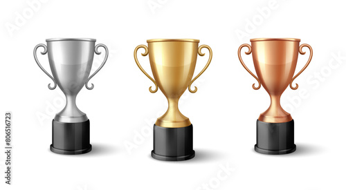 Vector Blank Golden, Silver and Bronze Champion Cup Isolated on White Background. Design Template of Championship Trophy. Sport Tournament Award, Winner Cup and Victory Concept
