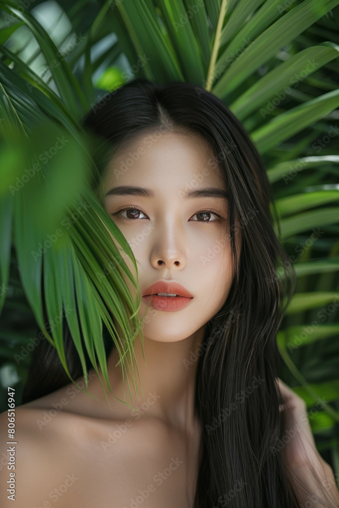 A beautiful Asian woman with long black hair posing against a backdrop of green leaves. A beautiful Asian woman with long black hair posing against a backdrop of green leaves.