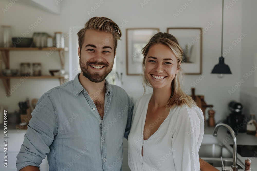 A young couple standing in the modern kitchen of their new home, their faces reflecting happiness and contentment. A young couple standing in the modern kitchen of their new home, their faces reflecting happiness and contentment.