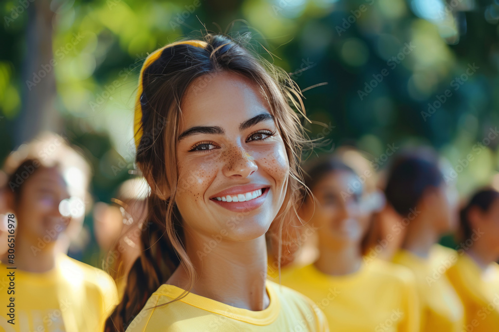 A happy woman with a group, all working together on a community service project outdoors, smiling. A happy woman with a group, all working together on a community service project outdoors, smiling.