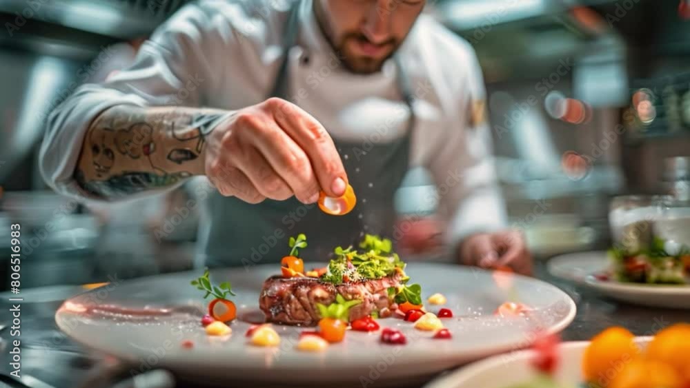Chefs meticulously prepare meals on elegant plates and decorate them in premium restaurant kitchens with attention to detail to create a special occasion dining experience.