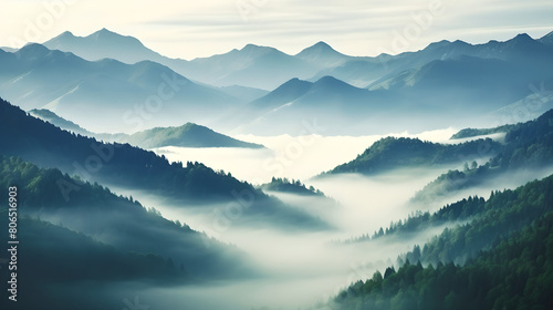 Beautiful Natural landscape background from forest  in mountains with fog  green trees  plants  nature   Pine trees   clouds 