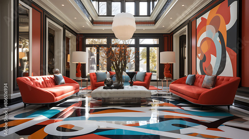 Hollywood Regency style foyer with a geometric floor design, mirrored surfaces, and bold artwork, photo