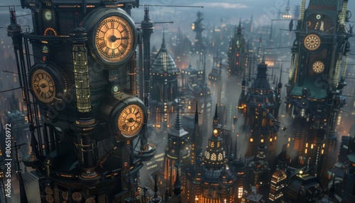 A cityscape where clock towers stand tall, with gears and cogs visible through their glass exteriors