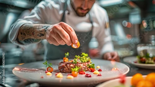 Chefs meticulously prepare meals on elegant plates and decorate them in premium restaurant kitchens with attention to detail to create a special occasion dining experience. photo