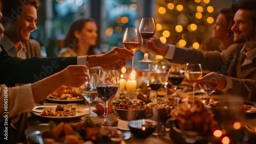 A group of friends and family raised glasses of red wine and champagne to celebrate the winter holidays, enjoying elegant and refined candlelit drinks and a memorable intimate dinner. photo