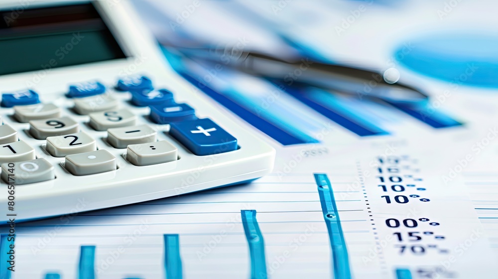 Close up of a calculator and financial documents, focus on planning for future savings Close up of a calculator and financial documents, focus on planning for future savings
