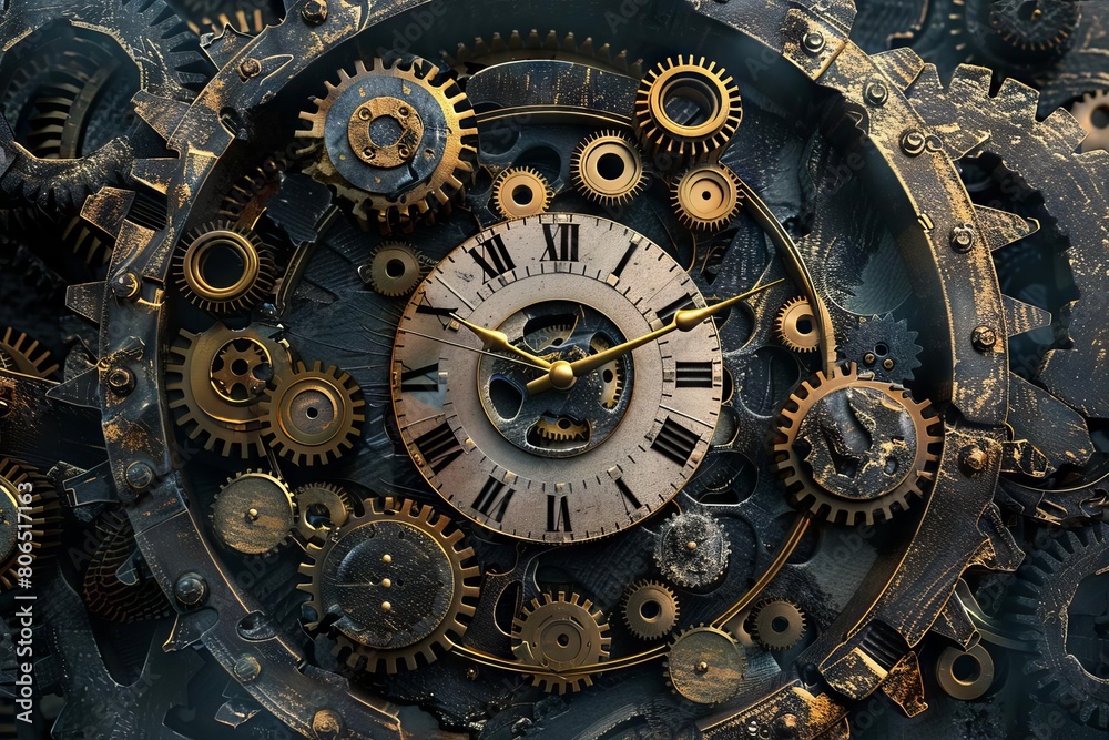 A conceptual image of a clock buried in gears, emphasizing the overwhelming machinery needed to keep time A conceptual image of a clock buried in gears, emphasizing the overwhelming machinery needed to keep time