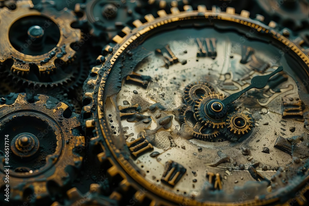 A conceptual image of a clock buried in gears, emphasizing the overwhelming machinery needed to keep time