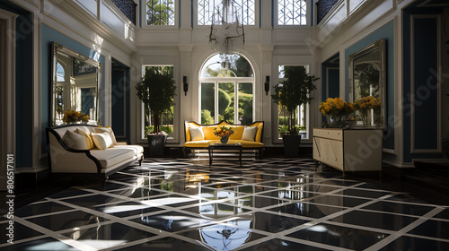 Hollywood Regency style foyer with a geometric floor design, mirrored surfaces, and bold artwork, photo