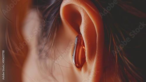 A close up of a person's ear with a hearing aid. photo