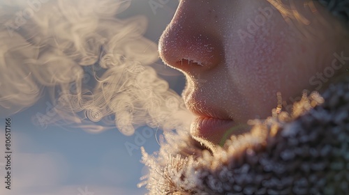 Close-up of a person breathing out warm air that turns into frost in cold weather