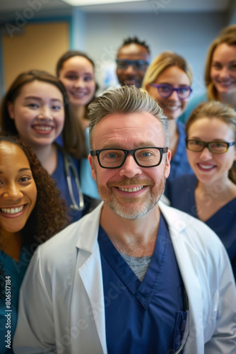 A group of smiling doctors and nurses standing together, with one middle-aged male doctor wearing glasses at the center, all looking directly into the camera.