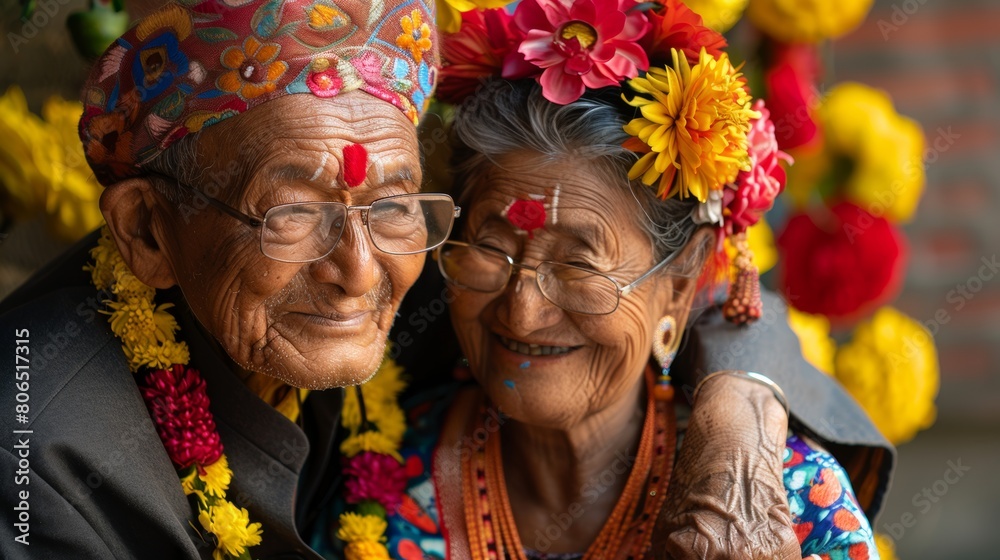 Elderly pair adorned in traditional attire, enjoying festivities with smiles and laughter, cherishing each other's company.