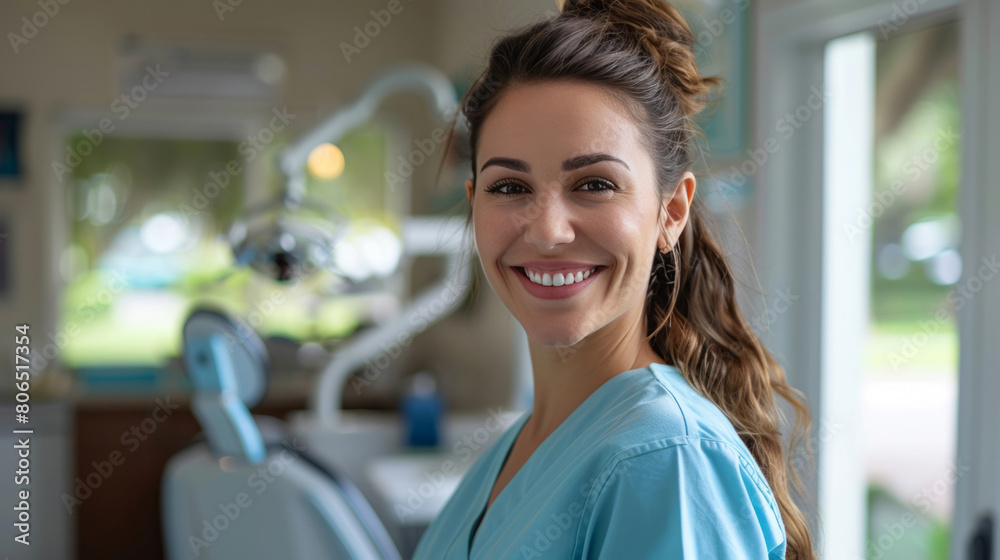 A beautiful female dentist smiling in front of the camera, standing at the dental office, wearing light blue scrubs. A beautiful female dentist smiling in front of the camera, standing at the dental office, wearing light blue scrubs.