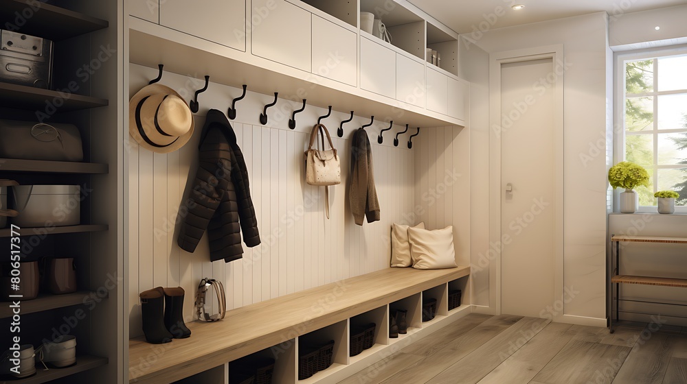 A stylish mudroom with built-in storage cubbies, a bench, and hooks for coats and bags