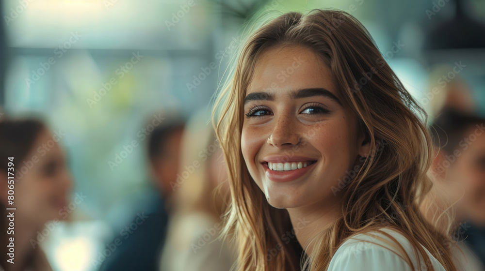A beautiful woman in business attire engaging in conversation with her colleagues during an office meeting or social gathering, other team members visible around them. A beautiful woman in business attire engaging in conversation with her colleagues during an office meeting or social gathering, other team members visible around them.