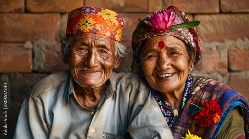 Elderly pair adorned in traditional attire, enjoying festivities with smiles and laughter, cherishing each other's company. © Piyaphorn