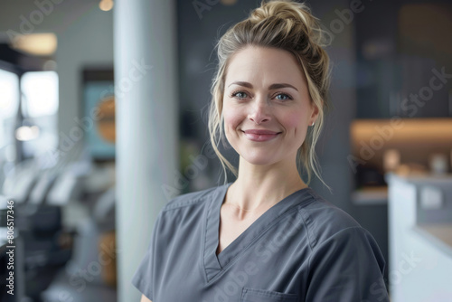 A beautiful female dentist in her late thirties, wearing grey scrubs, smiling softly while standing inside of an elegant office space with modern decor. Free Download A beautiful female dentist in her late thirties, wearing grey scrubs, smiling softly while standing inside of an elegant office space with modern decor. - GFXLoad