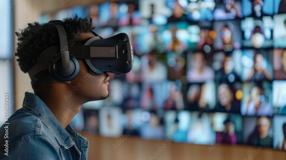 A student wearing a VR headset, participating in a virtual language immersion program, conversing with digital avatars in a virtual classroom. A student wearing a VR headset, participating in a virtual language immersion program, conversing with digital avatars in a virtual classroom.