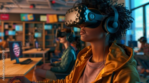 A student wearing a VR headset, participating in a virtual language immersion program, conversing with digital avatars in a virtual classroom.