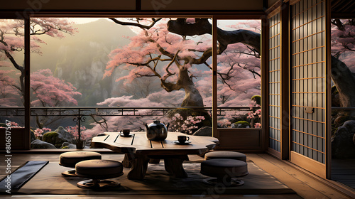 Japanese tea house with tatami mats, sliding shoji doors, and a view of a cherry blossom garden,