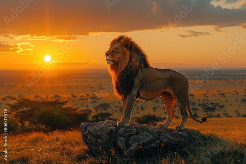A male lion stands on a rock outcropping in the middle of the savanna