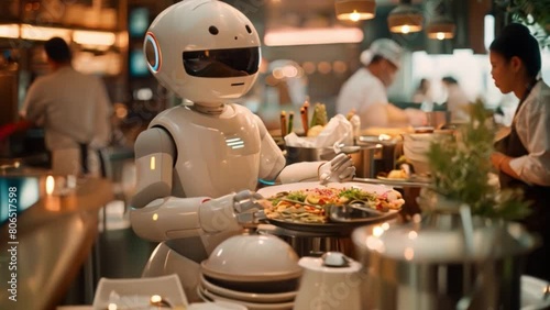 Artificial intelligence robots as waiters in restaurants using robot servers is the future impact of AI. AI-powered robots and kitchen helpers are revolutionizing food preparation. photo