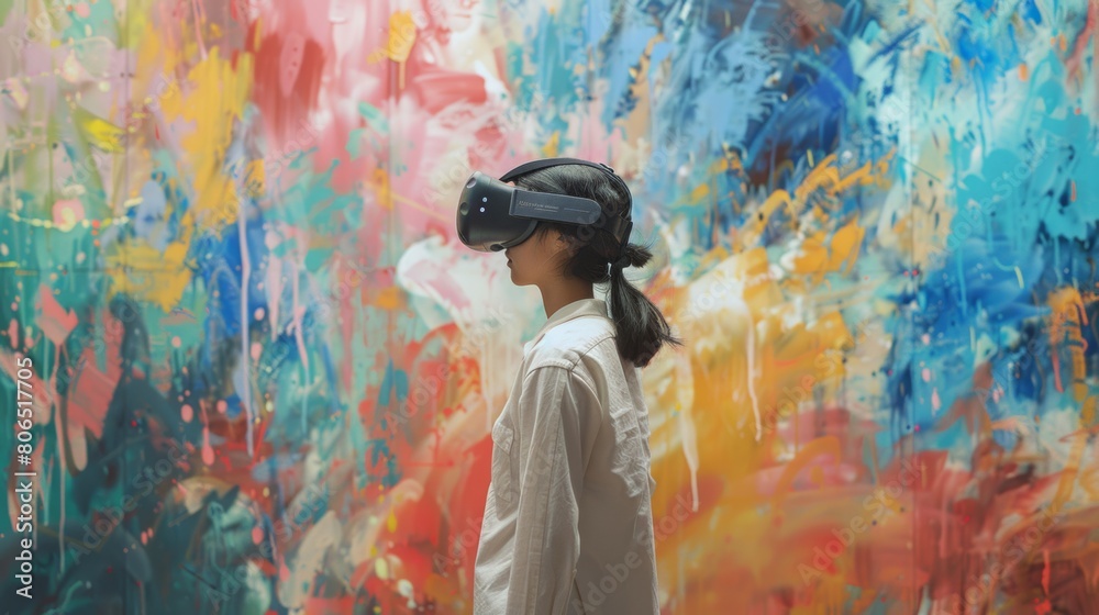 A student donning a VR headset, transported to a virtual art studio, painting on a digital canvas with virtual brushes. A student donning a VR headset, transported to a virtual art studio, painting on a digital canvas with virtual brushes.