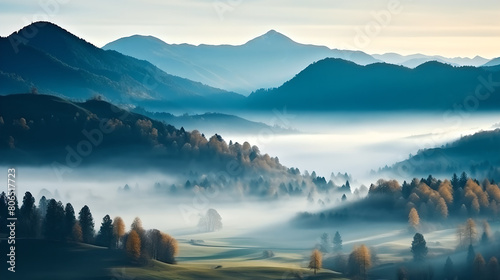 Beautiful Natural landscape background from forest  in mountains with fog  green trees  plants  nature