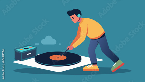 In a quiet room a person uses a carbon fiber brush to skim over the surface of a vinyl record removing any static and preparing it for a thorough Vector illustration