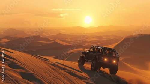 A rugged off-road vehicle crossing a desert expanse, sand dunes stretching to the horizon under a blazing sun. photo