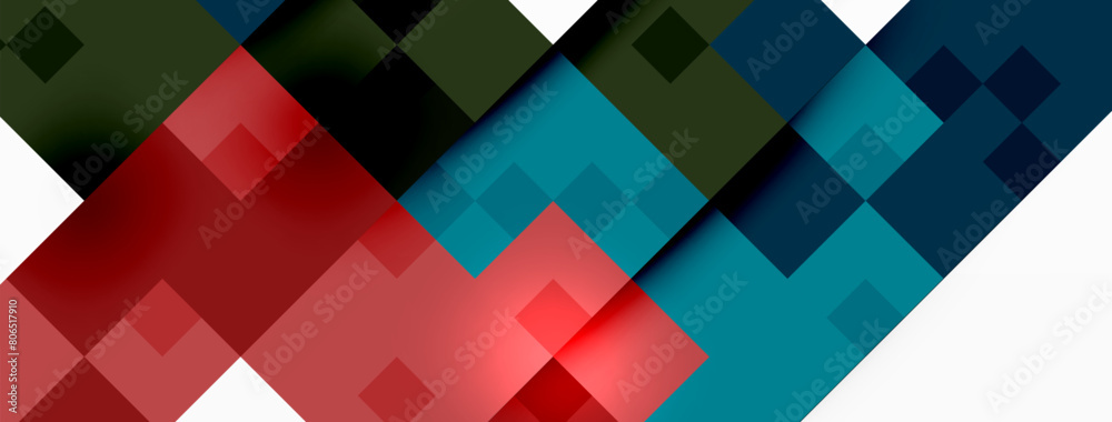 Colorfulness is depicted in a vibrant geometric pattern of red, green, and blue shapes on a white background. The design includes rectangles, triangles, and shades of pink, aqua, and magenta