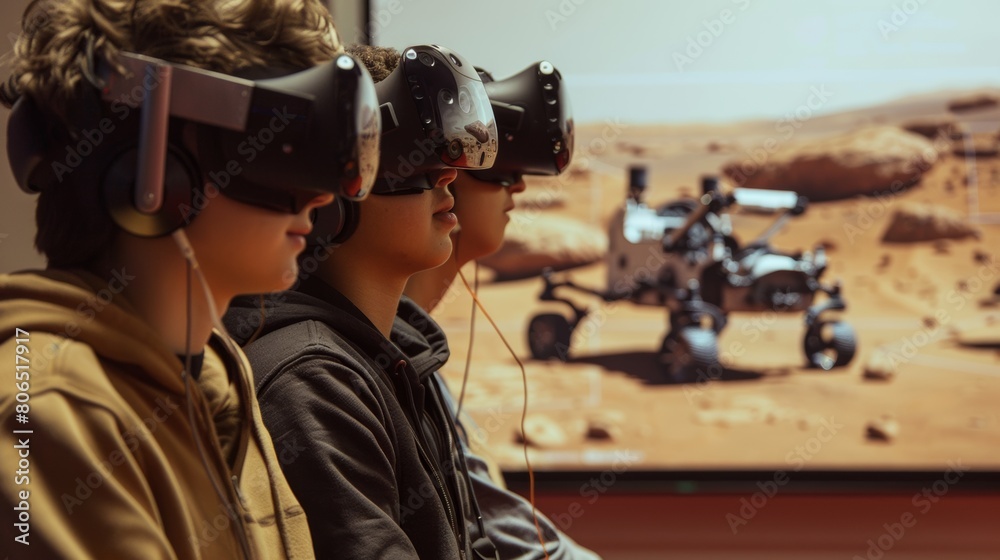 A group of students using VR headsets to explore the surface of Mars, virtual rovers at their command. A group of students using VR headsets to explore the surface of Mars, virtual rovers at their command.