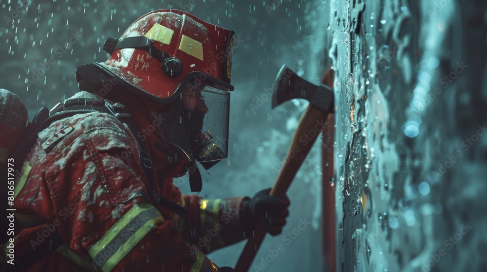 A firefighter wielding an axe to breach a door during a rescue operation, demonstrating strength and skill.